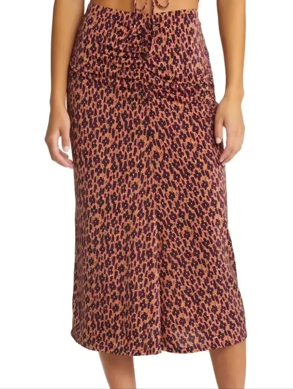 Open Edit Printed Ruched Front Midi Skirt Orange Purple Size L